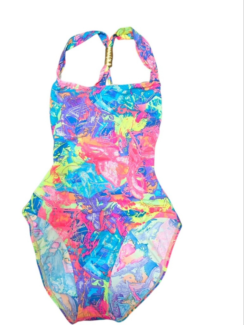Sessa Vintage Neon Abstract One Piece Swimsuit Open Back High Cut Sz 8
